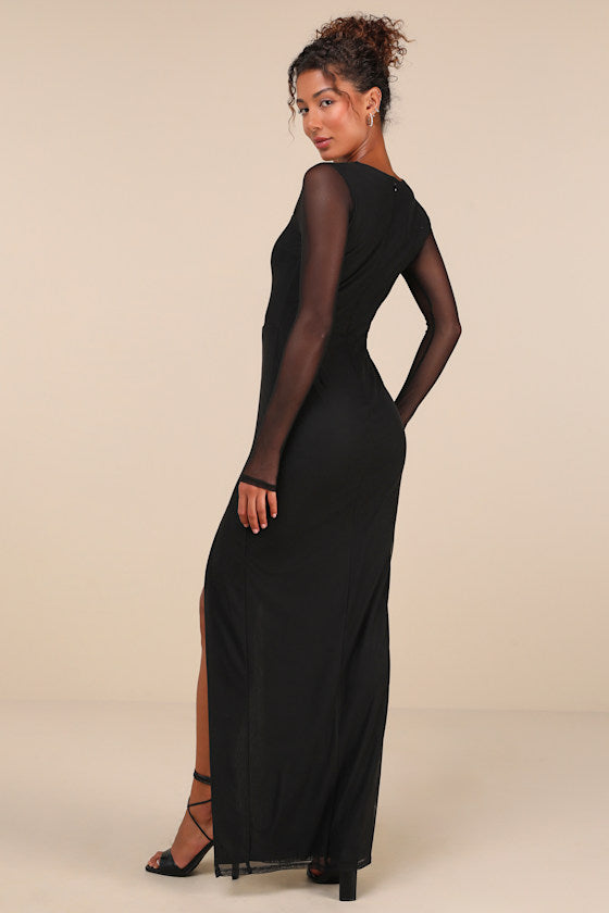 Remarkable Attitude Black Mesh Asymmetrical Cutout Maxi Dress