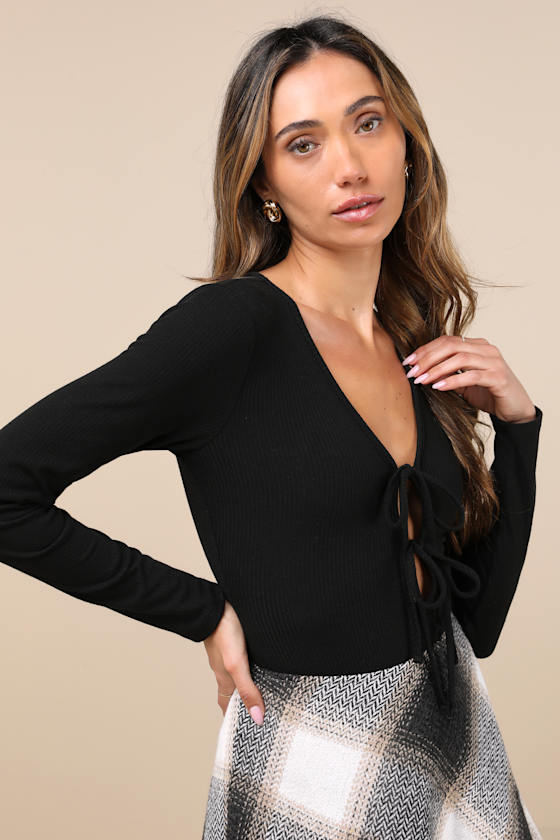 Lovely Ties Black Ribbed Knit Tie-Front Long Sleeve Bodysuit