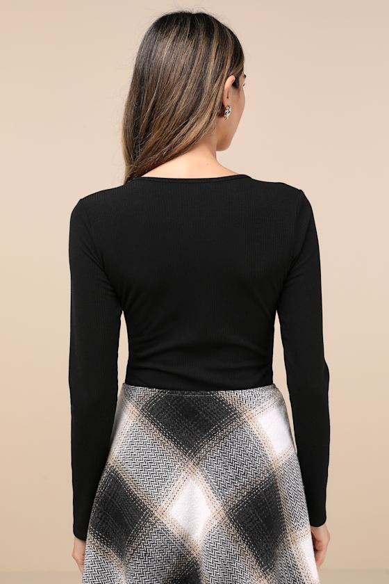 Lovely Ties Black Ribbed Knit Tie-Front Long Sleeve Bodysuit