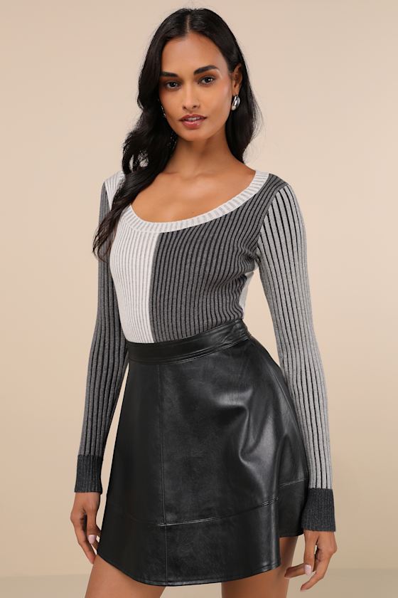 Mod Cutie Grey Color Block Ribbed Long Sleeve Bodysuit