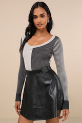 Mod Cutie Grey Color Block Ribbed Long Sleeve Bodysuit