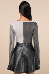 Mod Cutie Grey Color Block Ribbed Long Sleeve Bodysuit