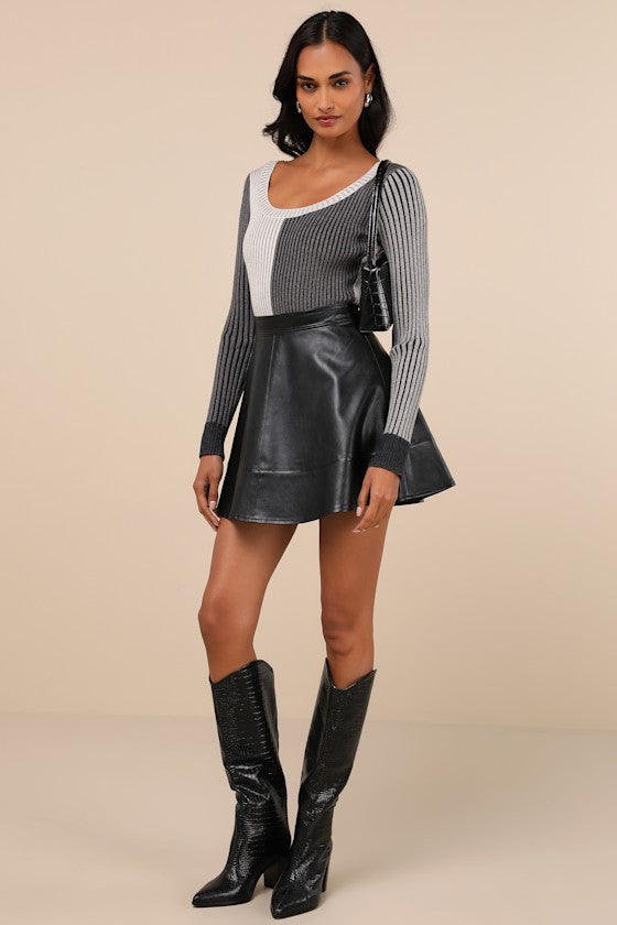 Mod Cutie Grey Color Block Ribbed Long Sleeve Bodysuit