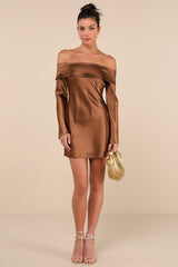 Luxurious Vision Brown Satin Off-the-Shoulder Mini Dress