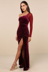 Lavish Style Dark Magenta Velvet Mesh One-Shoulder Maxi Dress