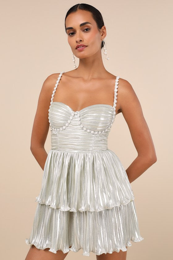 Glorious Shine Champagne Metallic Pearl Tiered Mini Dress