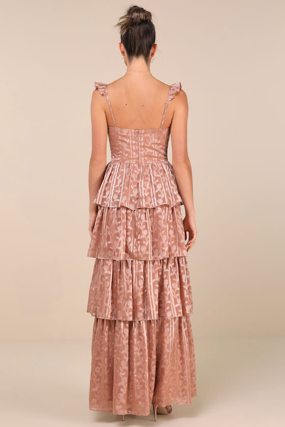 Stunning Glory Dusty Pink Floral Jacquard Tiered Maxi Dress