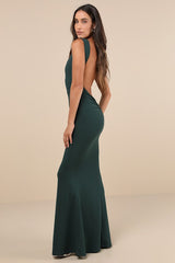 Alluring Temptation Emerald Backless Ruched Mermaid Maxi Dress