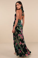 Flawlessly Gorgeous Green Burnout Floral Halter Maxi Dress