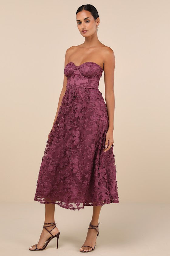 Quite Perfect Purple Floral Embroidered Strapless Midi Dress