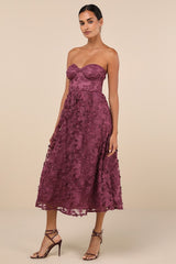 Quite Perfect Purple Floral Embroidered Strapless Midi Dress