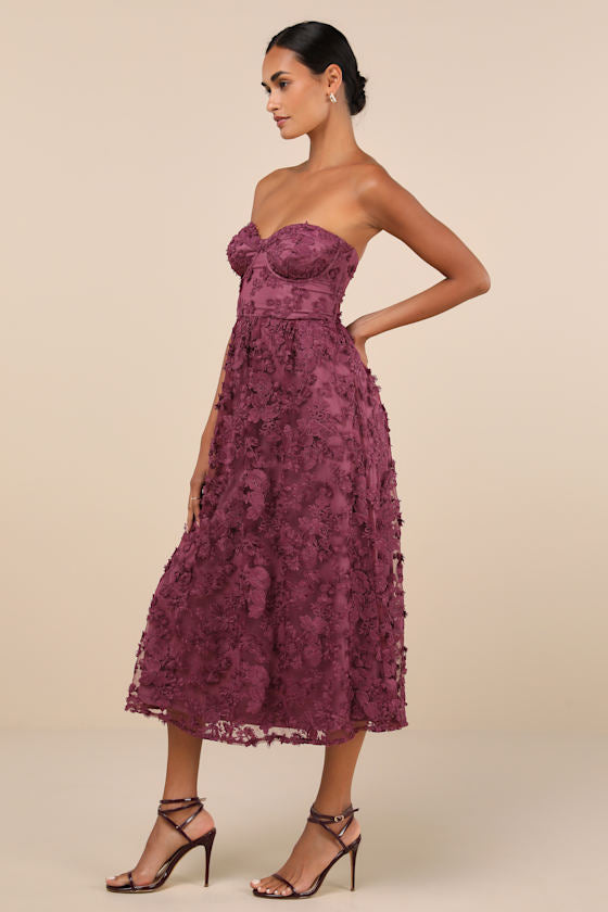 Quite Perfect Purple Floral Embroidered Strapless Midi Dress
