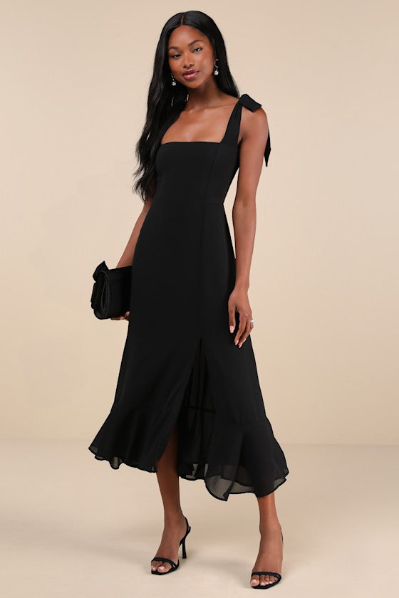 Summer Invite Black Tie-Strap Tiered Midi Dress