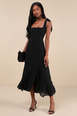 Summer Invite Black Tie-Strap Tiered Midi Dress