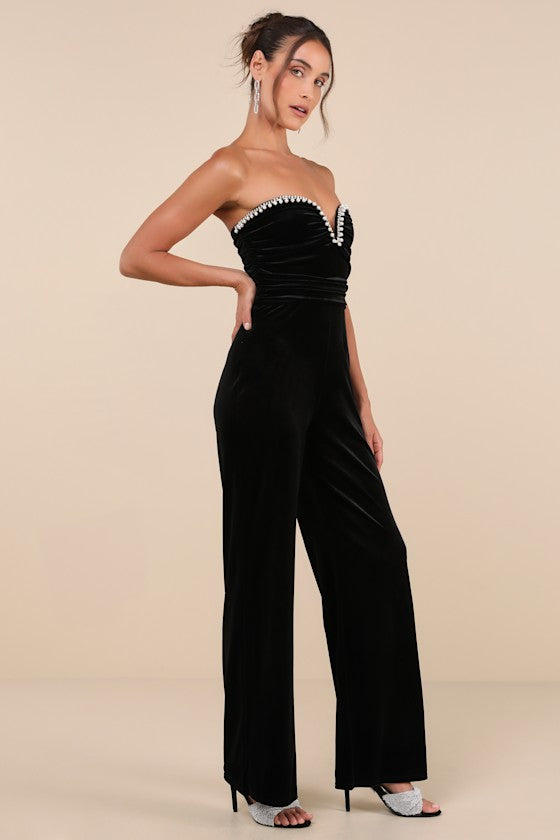 Fabulous Instinct Black Velvet Pearl Strapless Jumpsuit