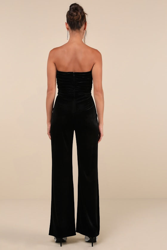 Fabulous Instinct Black Velvet Pearl Strapless Jumpsuit