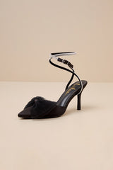 Lelanee Black Satin Rhinestone Bow Ankle Strap Pumps
