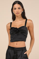 Flawless Behavior Black Satin Pleated Rosette Tank Top