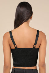 Flawless Behavior Black Satin Pleated Rosette Tank Top