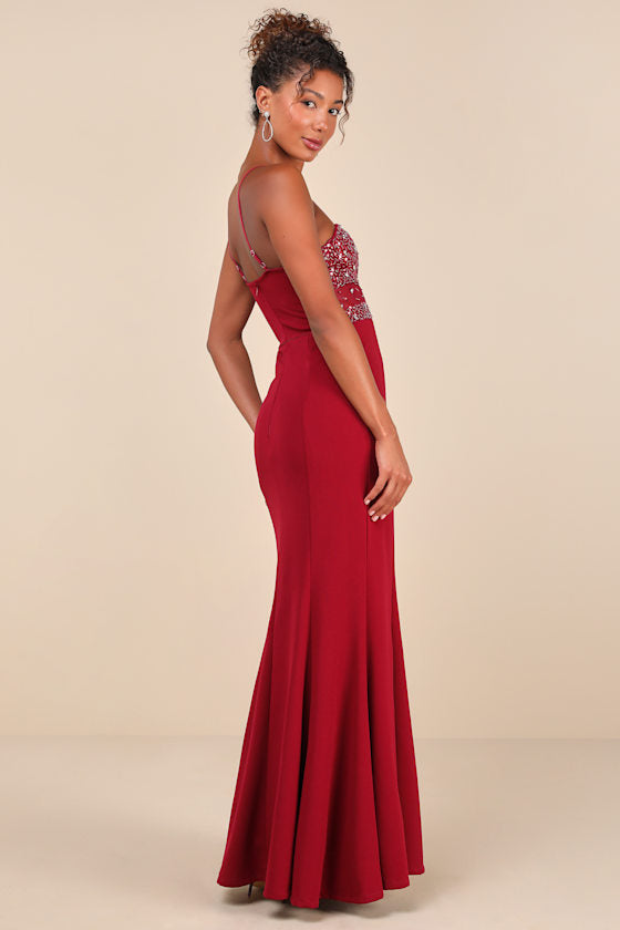 Luxe Allure Wine Red Beaded Rhinestone Bustier Maxi Dress