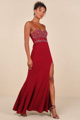 Luxe Allure Wine Red Beaded Rhinestone Bustier Maxi Dress