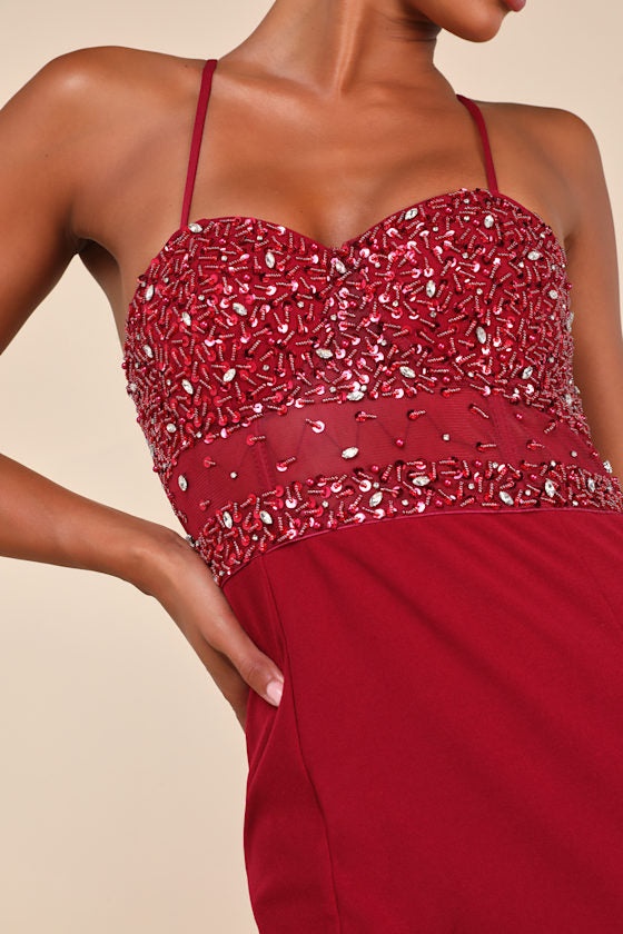 Luxe Allure Wine Red Beaded Rhinestone Bustier Maxi Dress