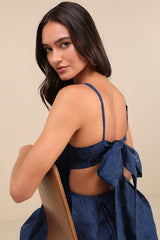 Perfected Aura Navy Jacquard Tie-Back Maxi Dress with Pockets