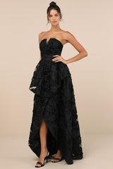 Majestic Glam Black Strapless Textured High-Low Maxi Dress