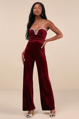 Fabulous Instinct Burgundy Velvet Pearl Strapless Jumpsuit