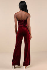 Fabulous Instinct Burgundy Velvet Pearl Strapless Jumpsuit