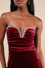 Fabulous Instinct Burgundy Velvet Pearl Strapless Jumpsuit