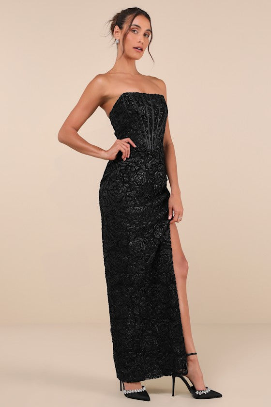 Stately Aura Black Mesh Velvet Strapless Bustier Maxi Dress