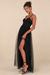 Convincingly Graceful Black Tulle Sleeveless Maxi Dress