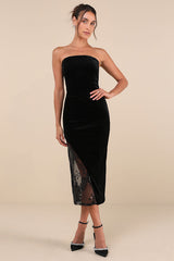 Feeling So Luxe Black Velvet Mesh Sequin Strapless Midi Dress