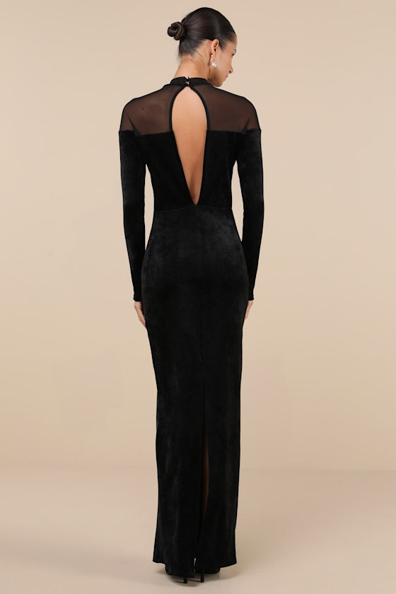 Exemplary Allure Black Velvet Mock Neck Long Sleeve Maxi Dress