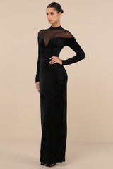 Exemplary Allure Black Velvet Mock Neck Long Sleeve Maxi Dress