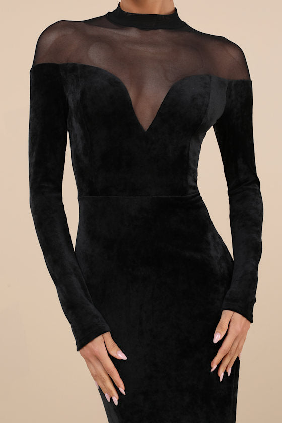 Exemplary Allure Black Velvet Mock Neck Long Sleeve Maxi Dress