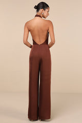 Beyond Classy Brown Satin Halter Wide-Leg Jumpsuit