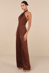 Beyond Classy Brown Satin Halter Wide-Leg Jumpsuit