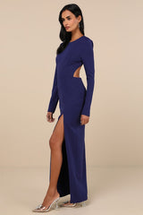Flawless Esteem Royal Blue Long Sleeve Cutout Column Maxi Dress