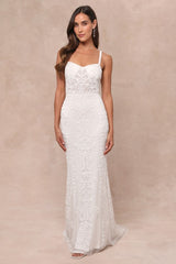 Momentous Love White Beaded Bustier Mesh Mermaid Maxi Dress