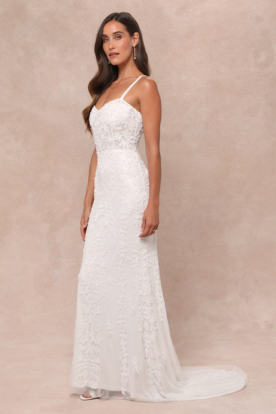 Momentous Love White Beaded Bustier Mesh Mermaid Maxi Dress