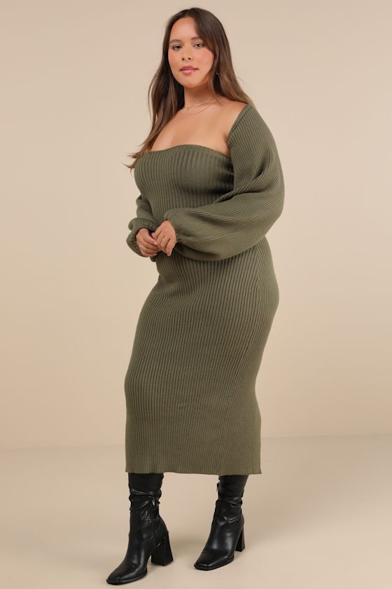 Autumn Aura Olive Green Ribbed Two-Piece Sweater Dress