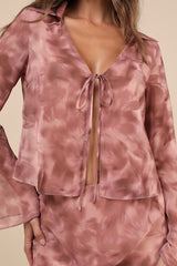 Ethereal Aesthetic Mauve Abstract Tie-Front Long Sleeve Top