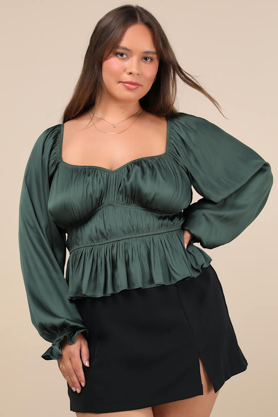 Sophisticate Dark Green Satin Ruched Long Sleeve Top