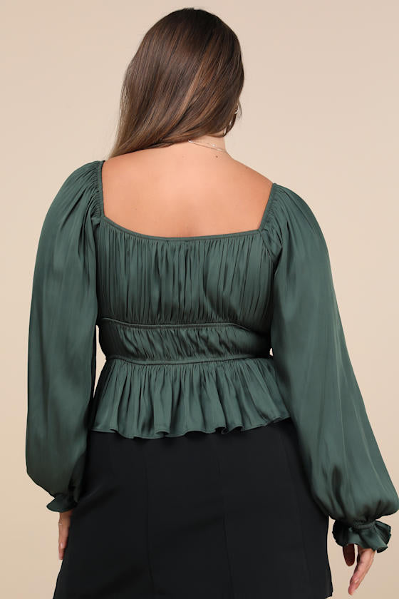 Sophisticate Dark Green Satin Ruched Long Sleeve Top