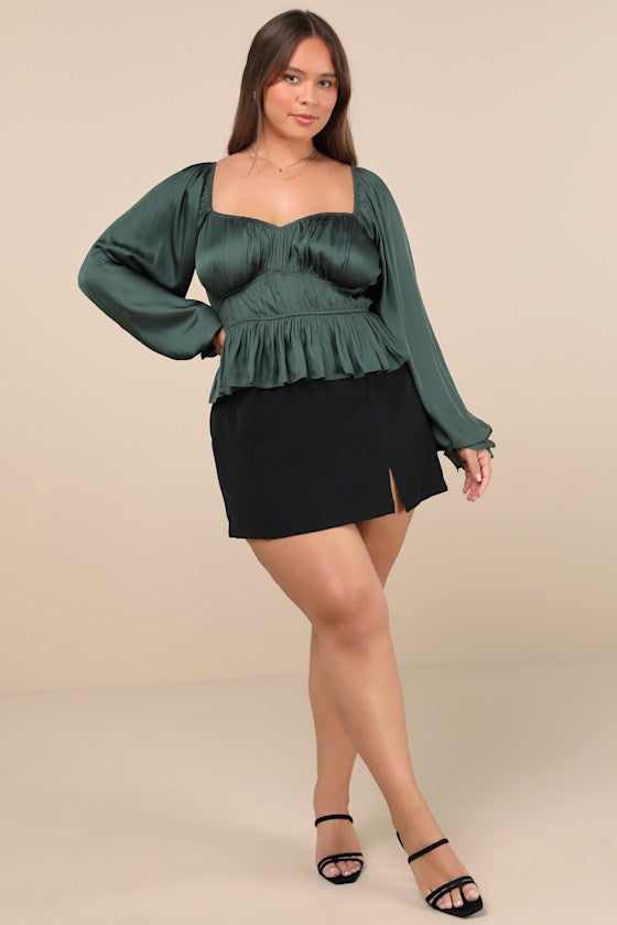 Sophisticate Dark Green Satin Ruched Long Sleeve Top