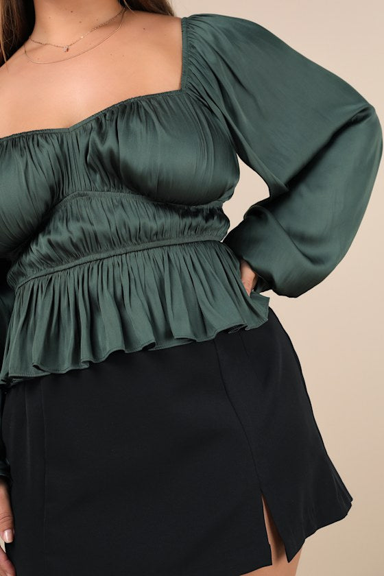 Sophisticate Dark Green Satin Ruched Long Sleeve Top