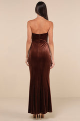 Perfectly Captivating Brown Velvet Strapless Maxi Dress