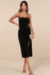 Gorgeous Composure Olive Velvet Lace-Up Sleeveless Midi Dress